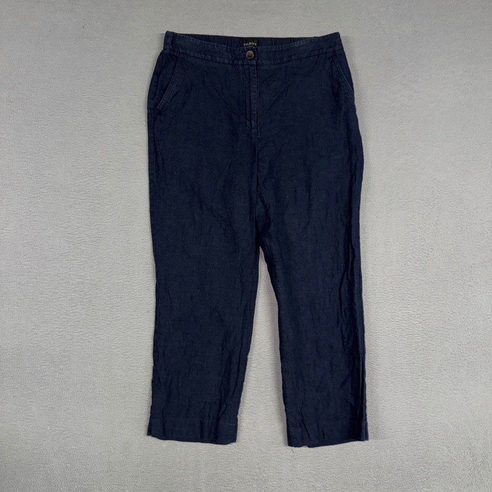 Talbots Pants Womens 6 Blue Straight Leg Cropped Casual Elastic Back100% Linen